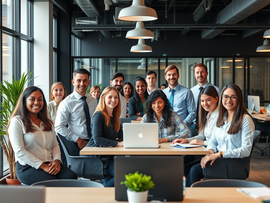 Professional office workers in London temporary staffing situation, diverse group in modern office setting
