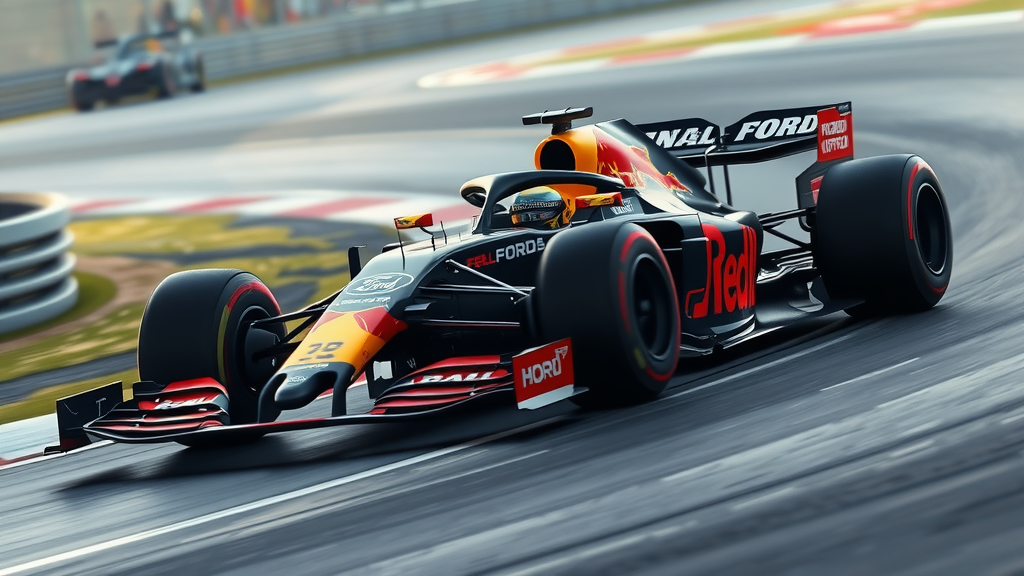 تصویری واقع‌گرایانه از یک خودروی فرمول ۱ مدرن با لوگوهای ردبول و فورد، در حال مسابقه در پیست، با تاکید بر فناوری هیبریدی و بازگشت فورد به فرمول ۱