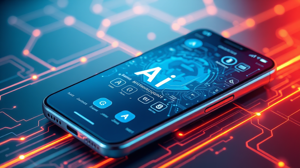 A futuristic smartphone displaying AI features with abstract glowing lines representing data flow and intelligence, highlighting the latest smartphone news.