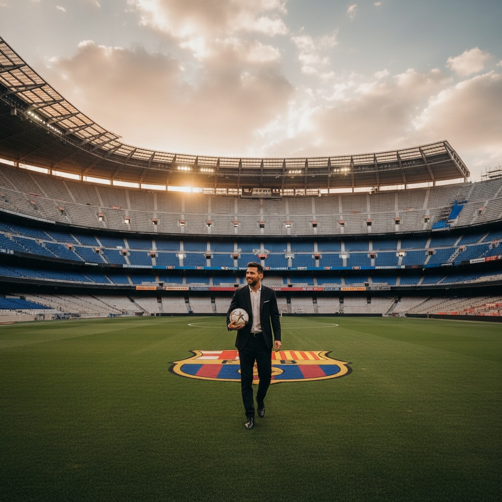 Messi back on camp nou, in the style of realistic