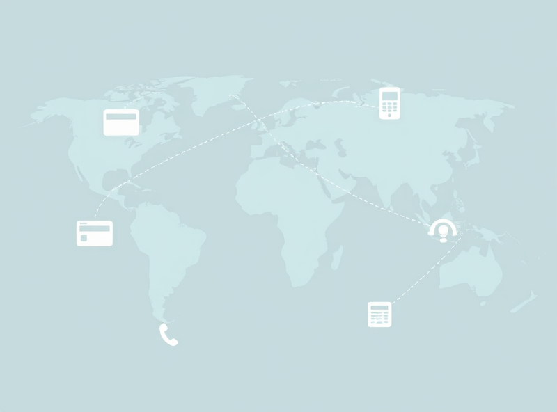 Global network lines connecting icons of cards, phones, and stores. Clean, digital style.