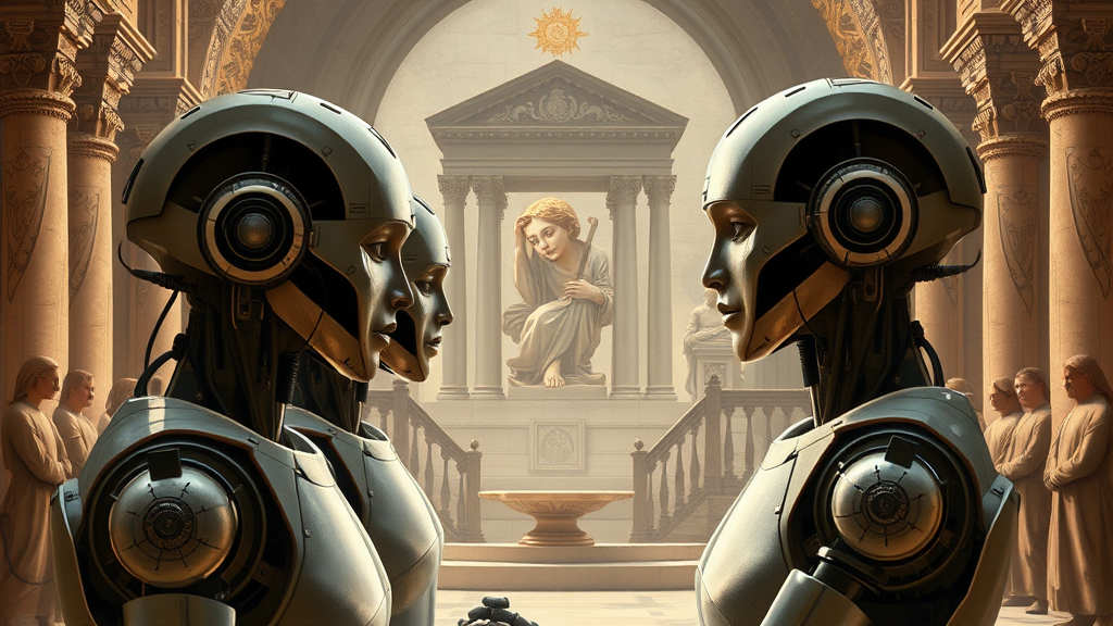 기술과 인간의 관계를 조화롭게 표현한 다 빈치 스타일 그림