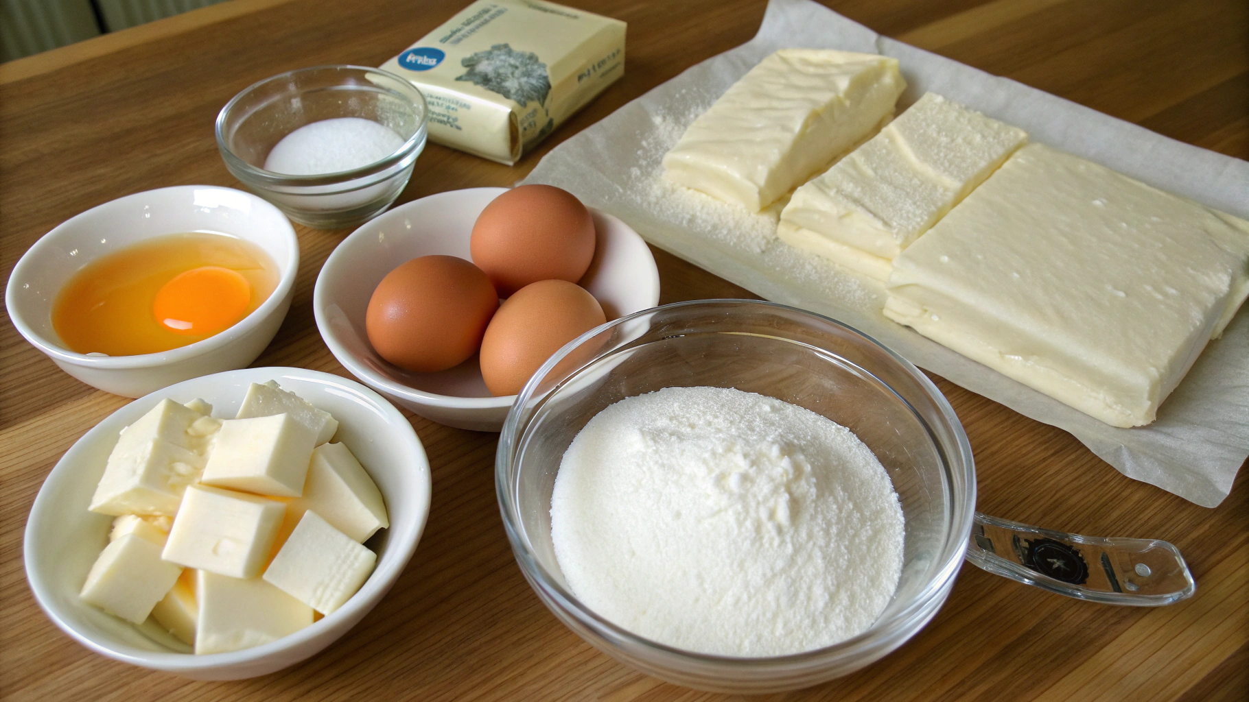Ingredients for Galaktoboureko laid out on a countertop