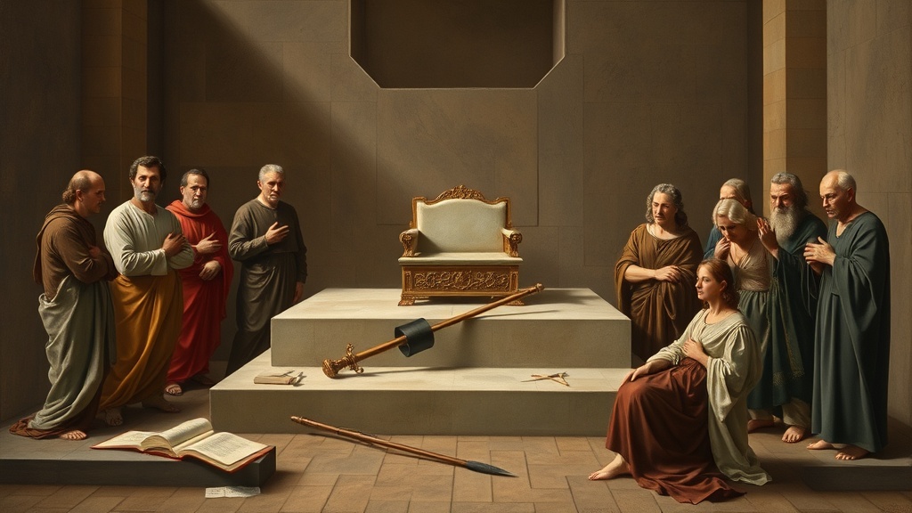 빈 의자와 흩어진 서류가 있는 고전적 실내 장면