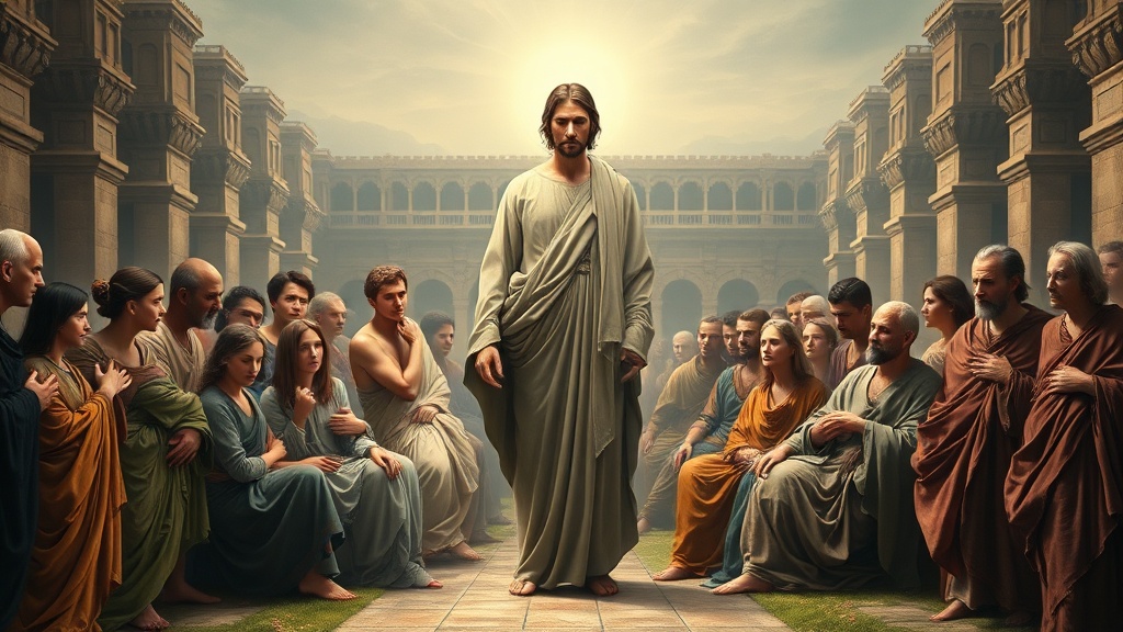 고전적 건축을 배경으로 중심 인물과 시드는 꽃이 놓인 평온한 종교적 풍경 이미지