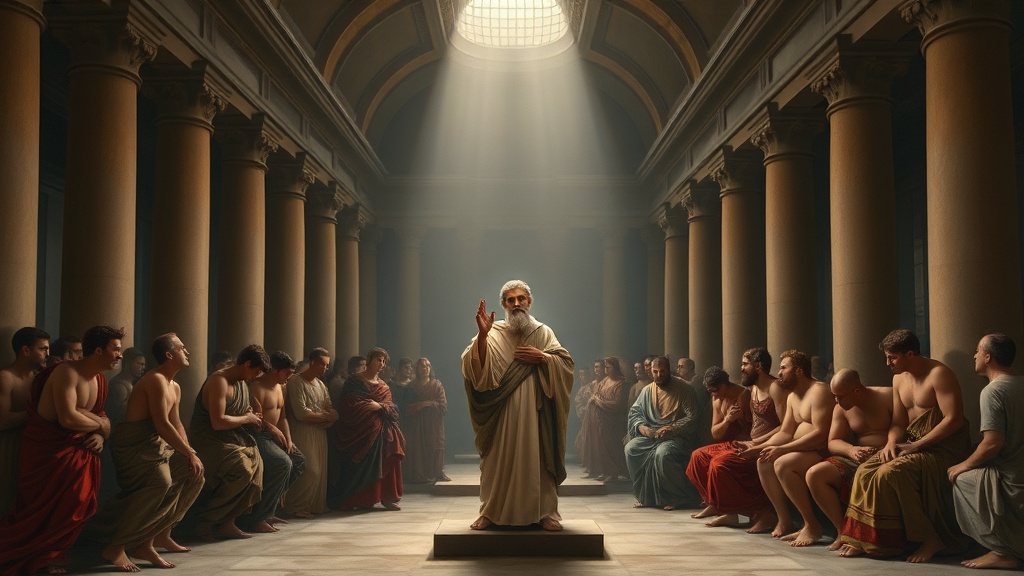 르네상스 양식의 실내에서 공정과 부패를 상징적으로 묘사한 장면