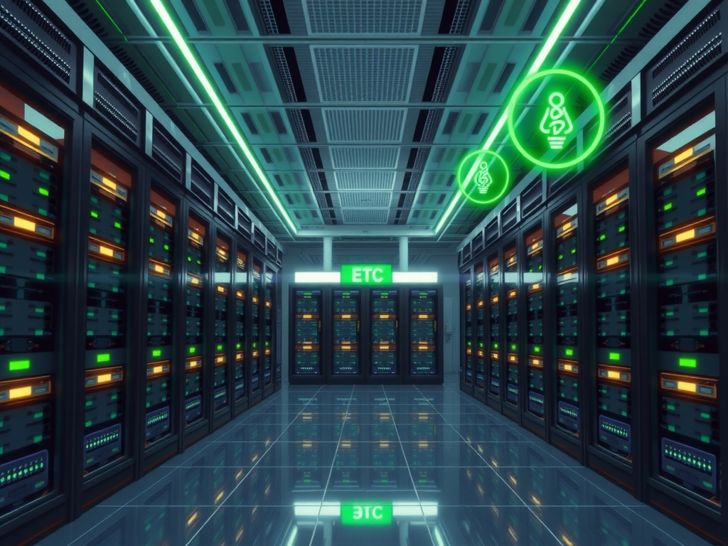 A conceptual image of Google's data centers with advanced AI computing units, highlighting the increasing energy demands of AI and the need for efficient power solutions.