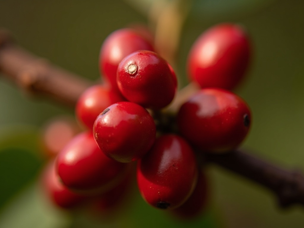 Close-up of ripe red Arabica coffee cherries on a branch, showcasing their vibrant color and readiness for harvest.