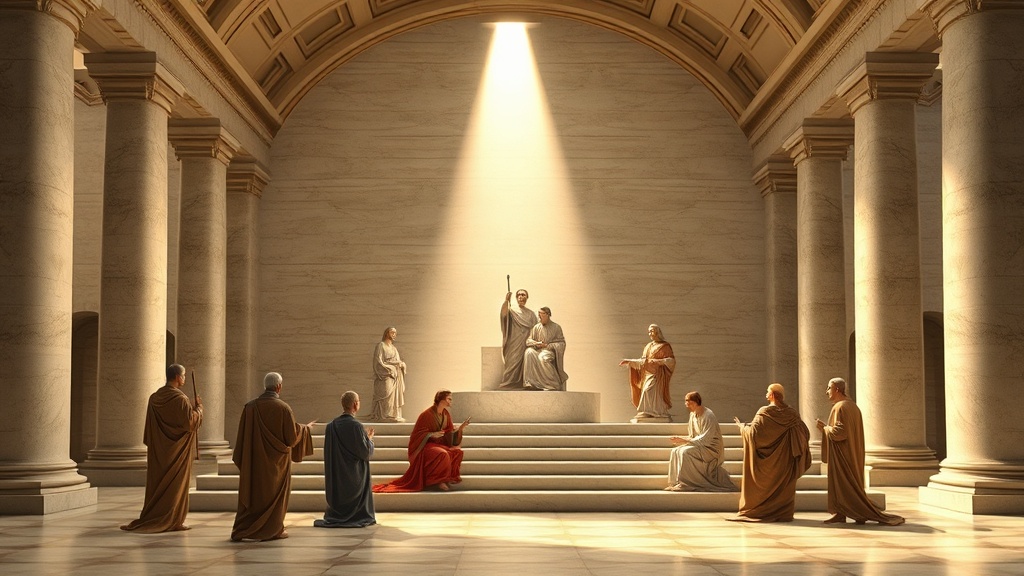 고전적 건축 속에서 대화를 나누는 익명의 인물들, 화해와 숙고의 장면