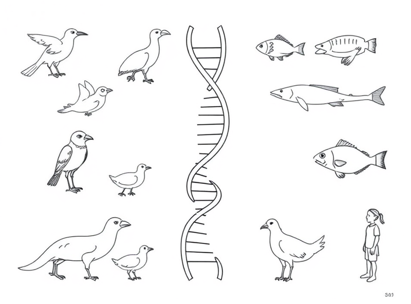 Show a long, twisted ladder shape (like DNA) in the middle. Around this shape, show simple outlines of different animals (like a bird, a fish, a person). The animals look see-through or like they are built around the ladder shape. Make the ladder shape look important and solid, and the animals look like temporary containers. Use clear lines and simple shapes.