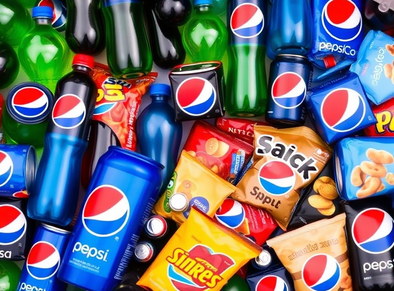 A collection of diverse PepsiCo products (bottles, cans, snack bags) arranged in a dynamic pattern, suggesting variety and global availability.