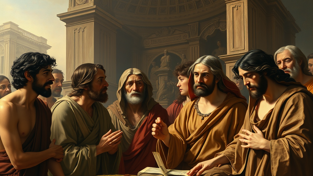 복잡한 사회 구조와 인간의 영적 갈등을 묘사한 장면