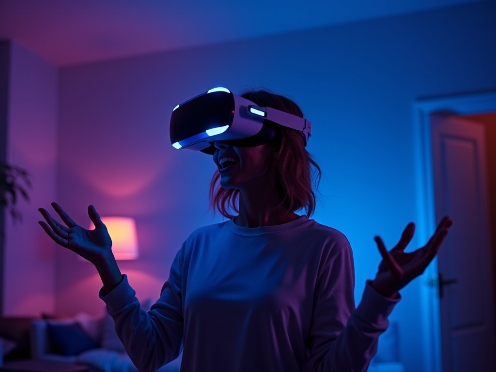 Una persona usando el Echo Dot 5 y la bombilla Tapo L530EA para crear un ambiente inteligente en su salón