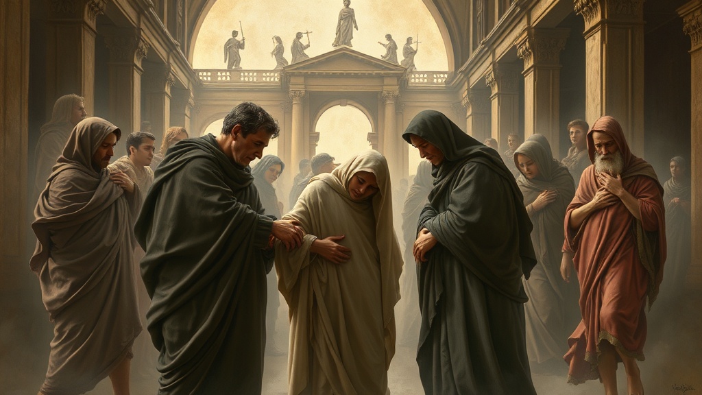 위기 상황에서 이웃을 돕는 모습을 그린 은유적 장면