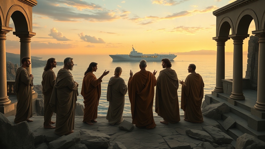 르네상스풍의 해변과 인물들이 바다를 바라보는 그림