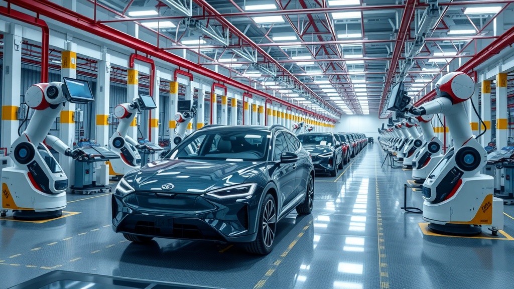 تصویری واقع‌گرایانه و با کیفیت بالا از یک کارخانه پیشرفته تولید خودروهای الکتریکی در چین، با ربات‌هایی که خودروها را مونتاژ می‌کنند، نمایانگر نوآوری دیجیتال چین در حمل‌ونقل و رباتیک.