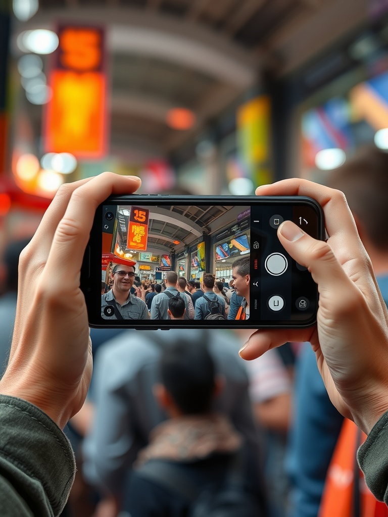 فردی در حال فیلم‌برداری با آیفون ۱۷ با استفاده از قابلیت ضبط همزمان دوربین‌های جلو و عقب، نشان‌دهنده پیشرفت‌های دوربین موبایل و شایعات فناوری