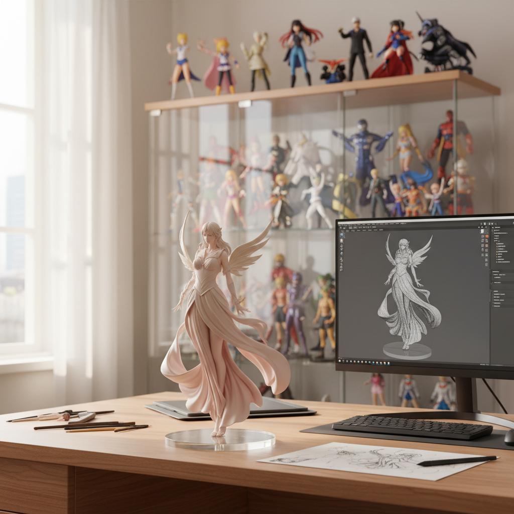 This scene features a hyperrealistic female statue placed on a transparent circular base, with a sof