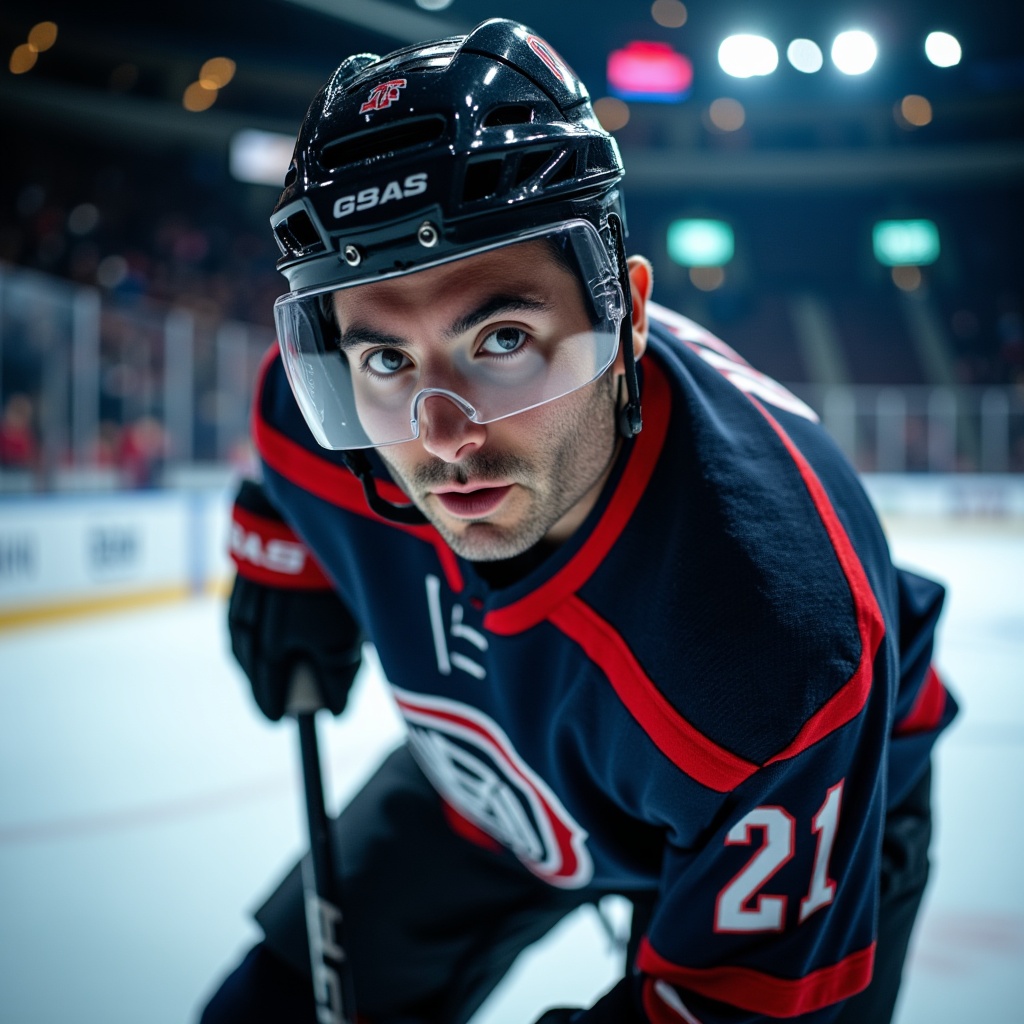 Intense professional portrait of Adam in full hockey gear on the ice, fierce determination in his eyes, with dramatic arena lighting.