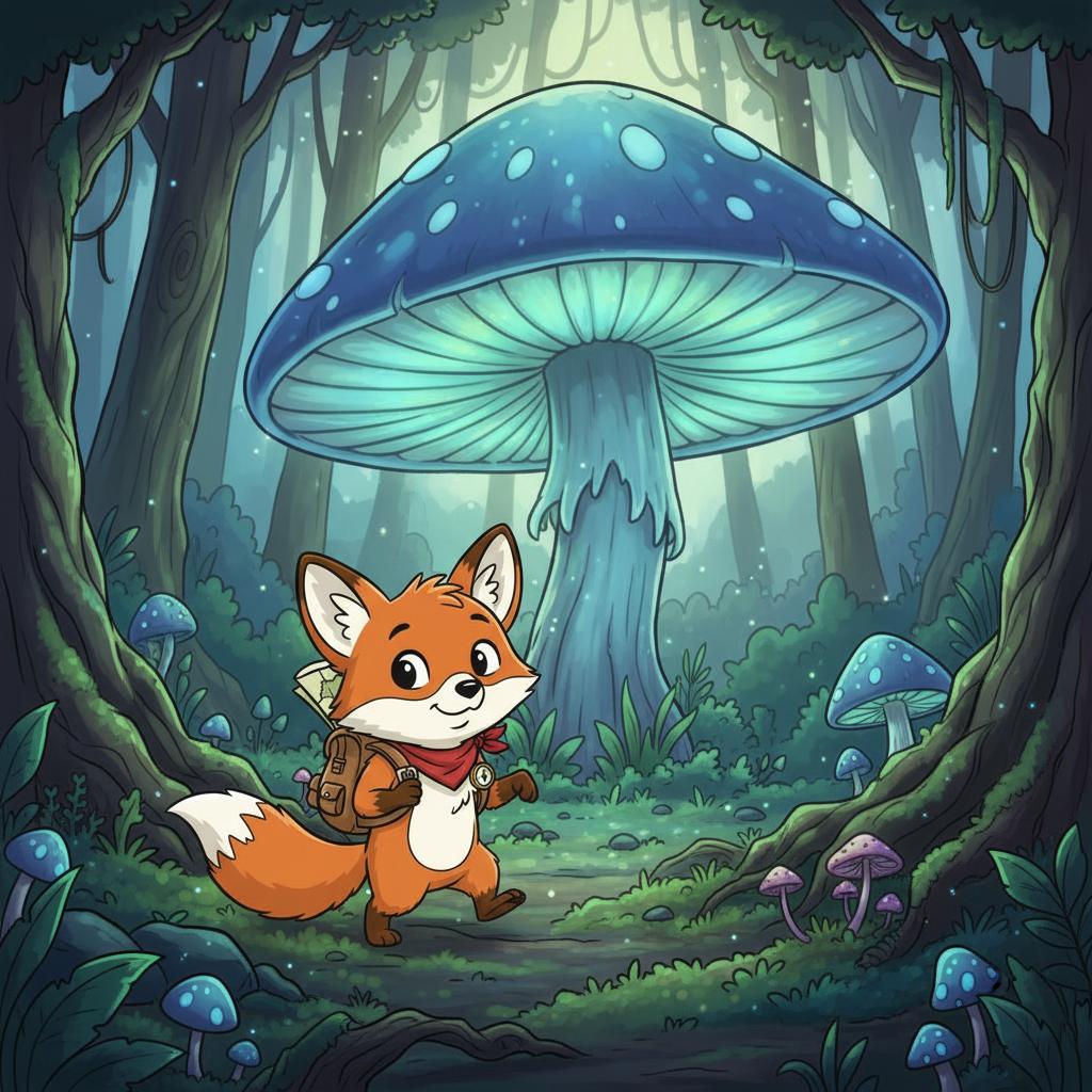 Place Finn in a lush, enchanted forest, looking up at a giant, glowing mushroom.