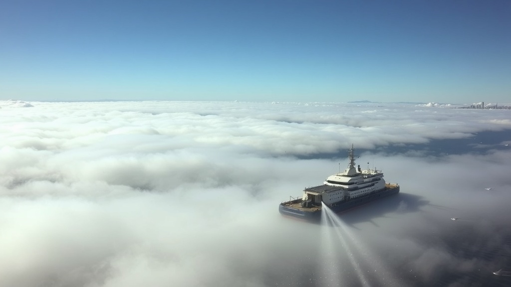 یک عملیات روشن‌سازی ابرهای دریایی در ساحل کالیفرنیا، با فناوری پیشرفته‌ای که غبار ظریفی را به سمت ابرها می‌پاشد تا نور خورشید را منعکس کند، نمادی از مهندسی اقلیم.