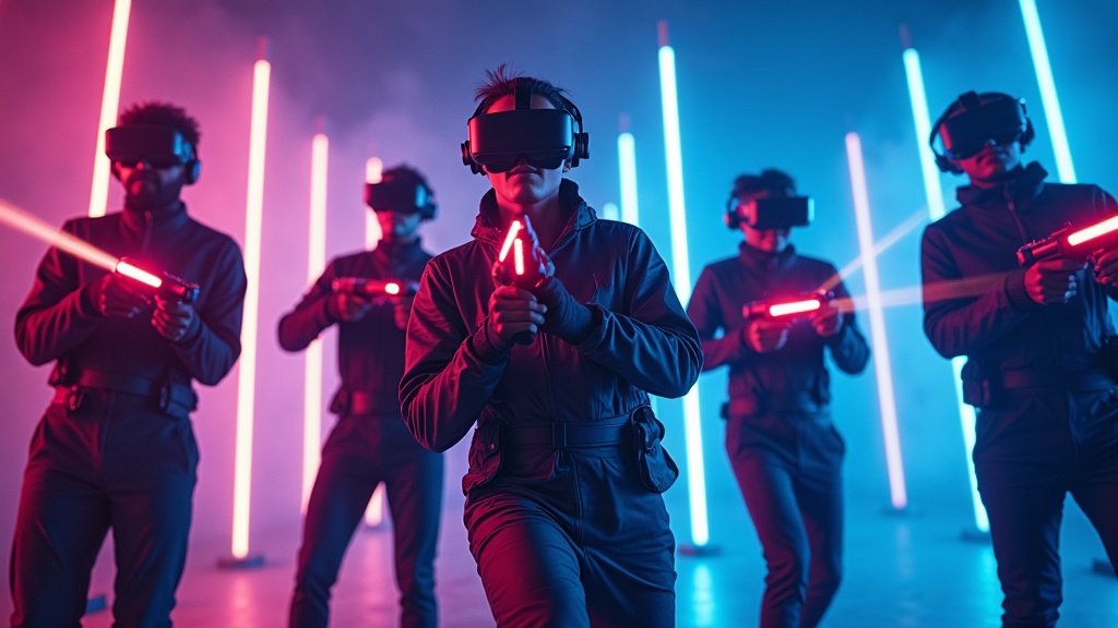 Equipo colaborando en una partida intensa de Laser Tag VR Virtua Barcelona