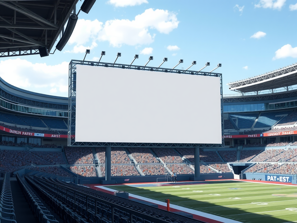 An empty advertising billboard in a stadium, symbolizing the absence of crypto ads during Super Bowl LVII, with a subtle hint of a downturned market, reflecting the broader challenges faced by the Super Bowl crypto industry.