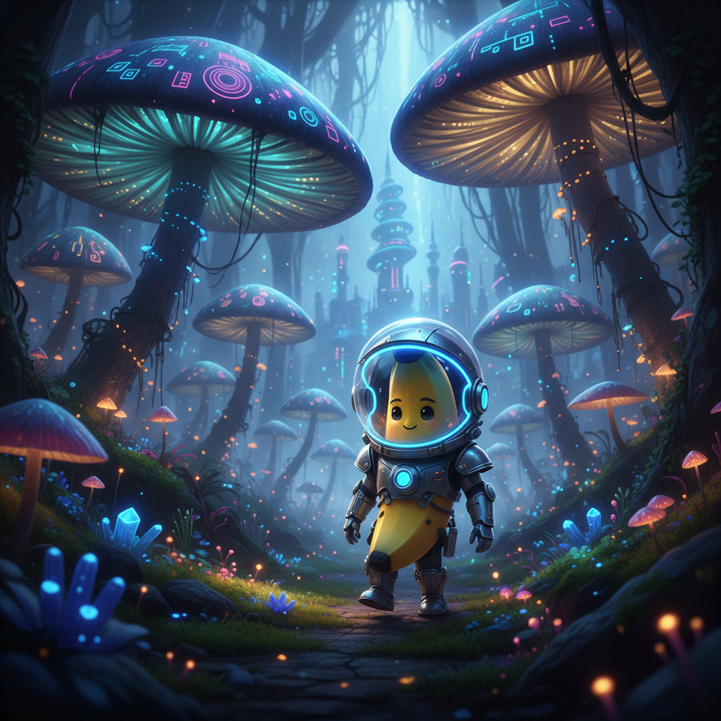 A photorealistic, highly detailed image of a tiny, cute banana character wearing a futuristic space helmet, exploring a vibrant, bioluminescent mushroom forest. Cinematic lighting