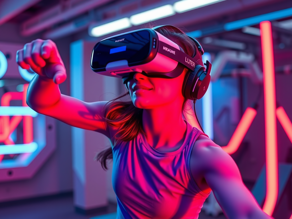 تصویری واقع‌گرایانه و باکیفیت از یک فرد با هدست واقعیت مجازی در حال انجام تمرینات تناسب اندام در یک محیط مجازی آینده‌نگر، نشان‌دهنده برنامه Supernatural و جاه‌طلبی‌های Meta VR Acquisition