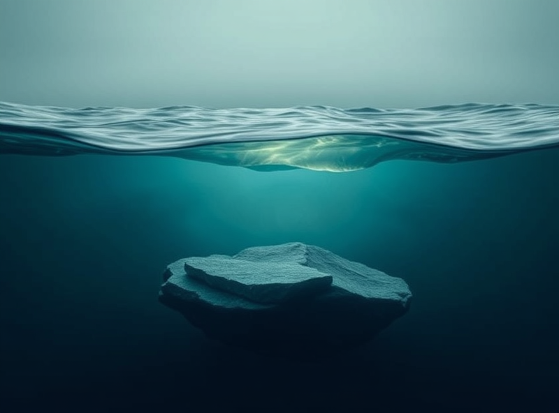 An abstract visual representation of intrinsic value vs. market price. Show a solid, foundational structure (intrinsic value) partially submerged below a fluctuating, choppy surface (market price). The submerged part glows with a soft light, suggesting hidden potential. Use muted, trustworthy colors like deep blues and greens.
