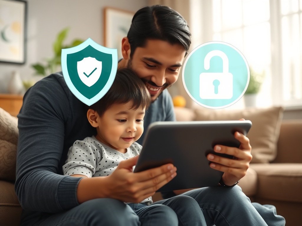 یک والدین و فرزند در حال نگاه کردن به تبلت با آیکون‌های ایمنی مثل سپر و قفل روی صفحه نمایش، در یک اتاق نشیمن دنج و مدرن. این تصویر نشان‌دهنده ایمنی اینستاگرام، متا، حفاظت از کودکان است.