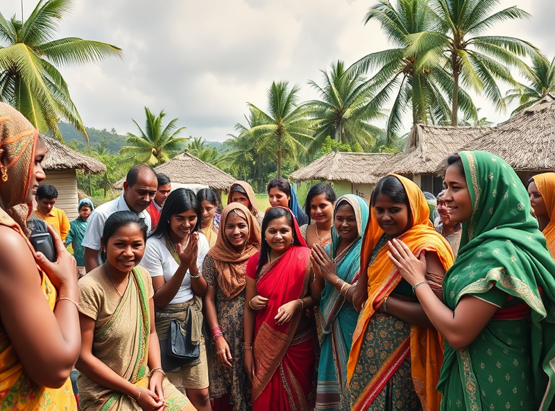 A vibrant scene of a tribal community coming together to apply for remote aid, filled with excitement and positivity as they work towards a brighter future.