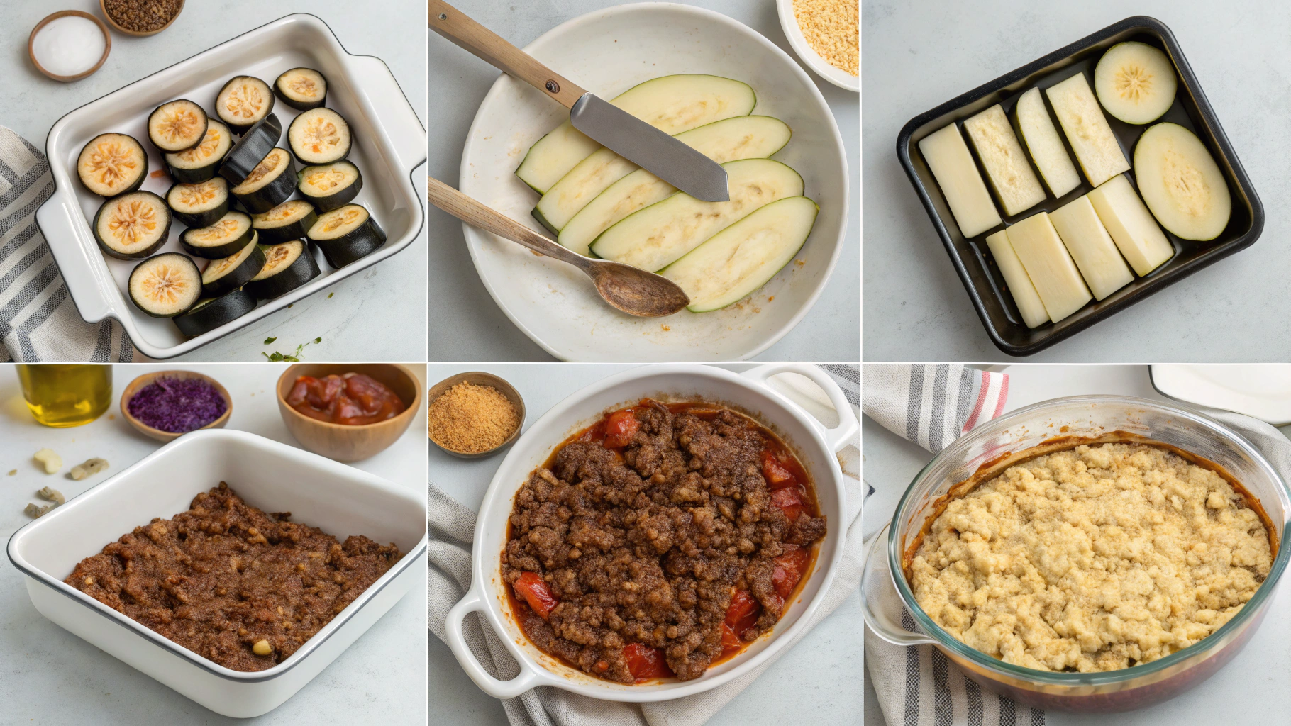 Layered moussaka in a baking dish ready for the oven