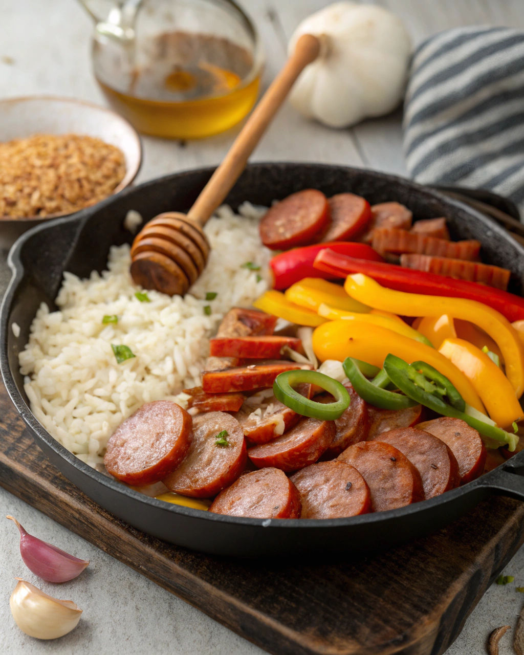 One Skillet Cajun Honey Garlic Sausage and Rice ngredients