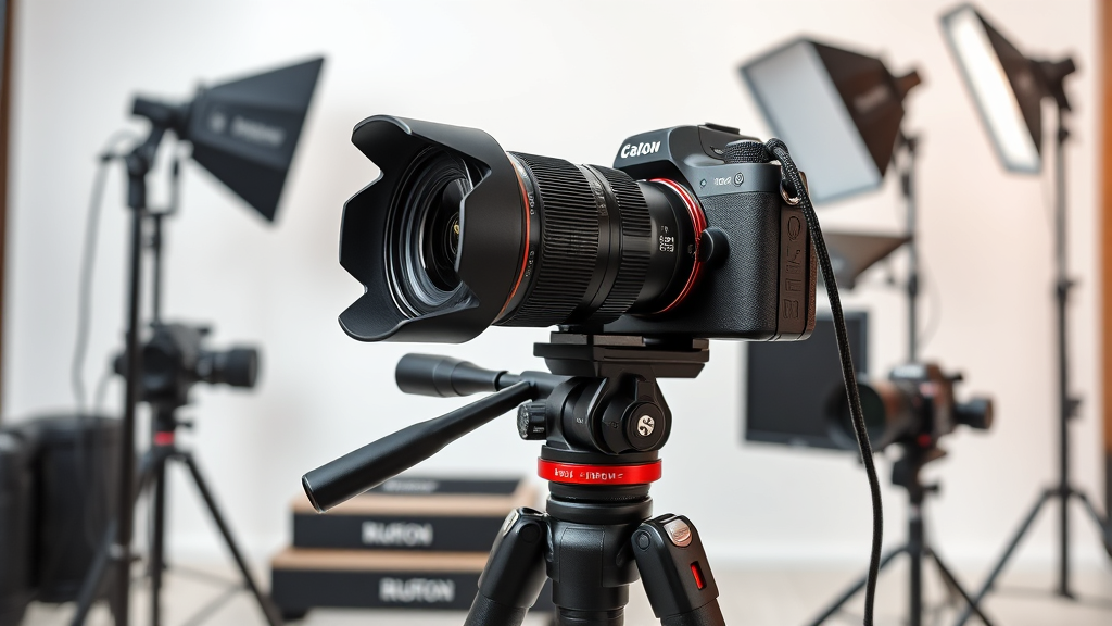 Photography Gear: یک دوربین بدون آینه حرفه‌ای با لنز همه‌کاره روی یک سه‌پایه محکم در یک استودیوی عکاسی با نورپردازی استودیویی و پس‌زمینه تمیز