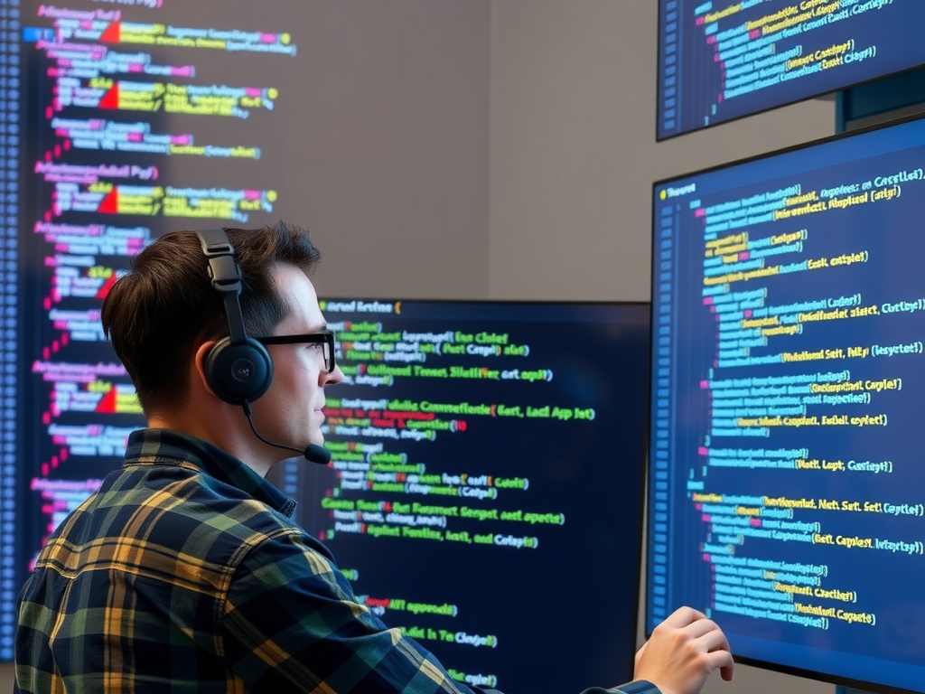 A developer interacting with an AI interface that displays code and natural language conversation, symbolizing an AI colleague in programming.