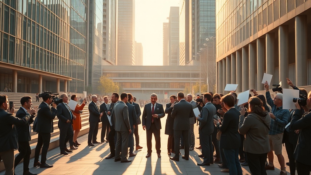 현대적 건물 앞에서 논쟁하는 인물들의 모습을 영화적 화면으로 담아낸 이미지