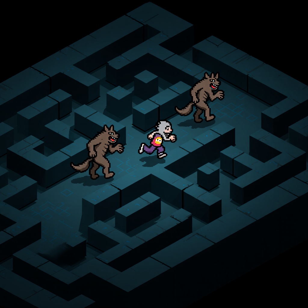 Werewolf Runs in the Dark Maze Loop. 4X Isometric 
