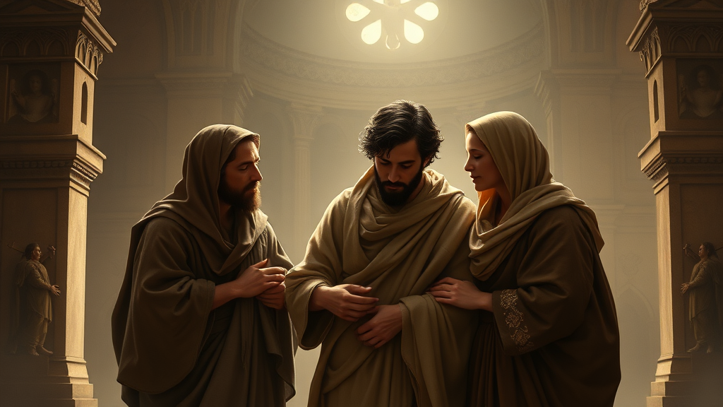 가족과 공동체 가치의 중요성을 나타내는 종교적 장면