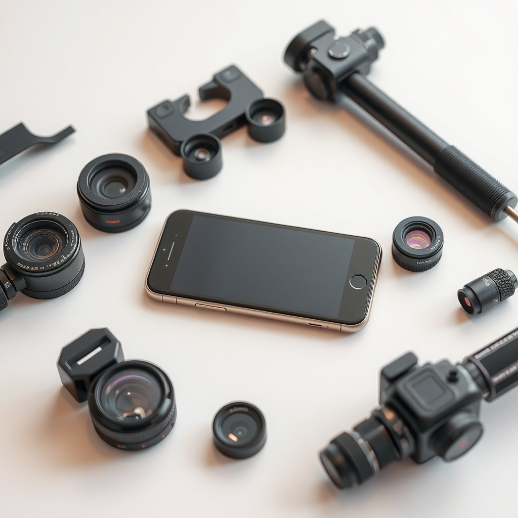 تجهیزات مختلف عکاسی موبایل مانند لنزهای کلیپ‌آن، سه‌پایه‌ها و گیمبال‌ها که به طور مرتب روی یک سطح تمیز چیده شده‌اند. تمرکز بر لوازم جانبی است که نشان می‌دهد چگونه قابلیت‌های عکاسی موبایل را افزایش می‌دهند. نورپردازی ملایم و حرفه‌ای.