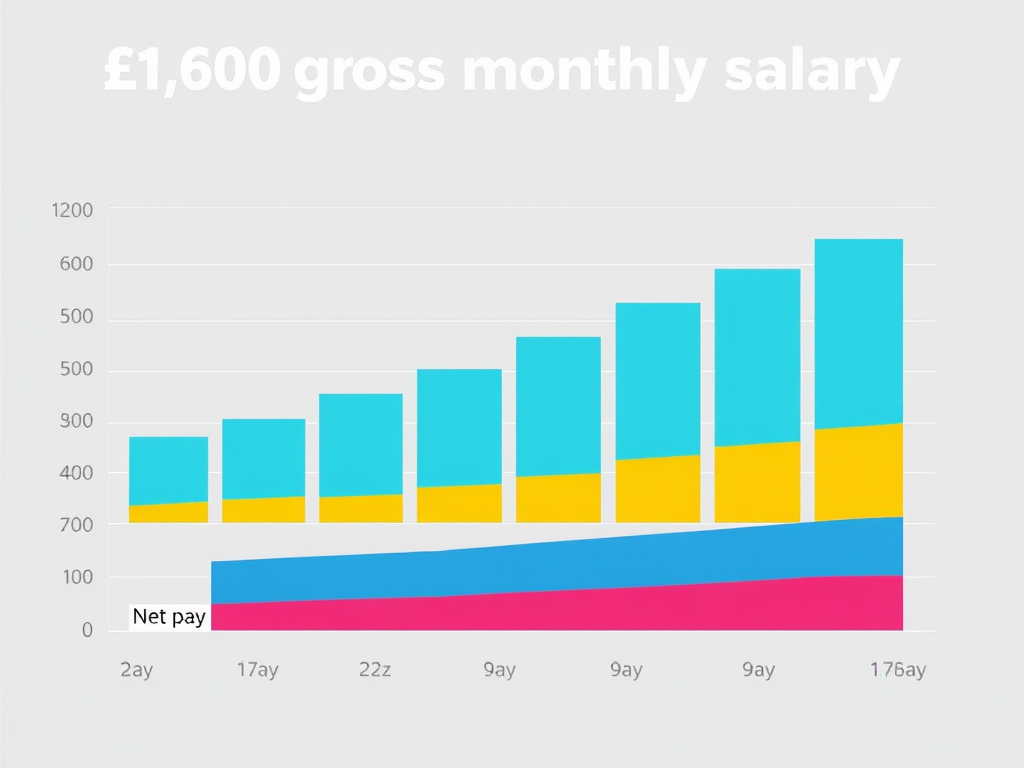 £1,600 Monthly Pay: From Gross Salary to Net Take-Home (UK Guide) 3 Bar graph showing the breakdown of a £1,600 gross monthly salary, with separate colored sections for income tax, National Insurance, pension contributions, and the remaining net pay, using UK pounds currency