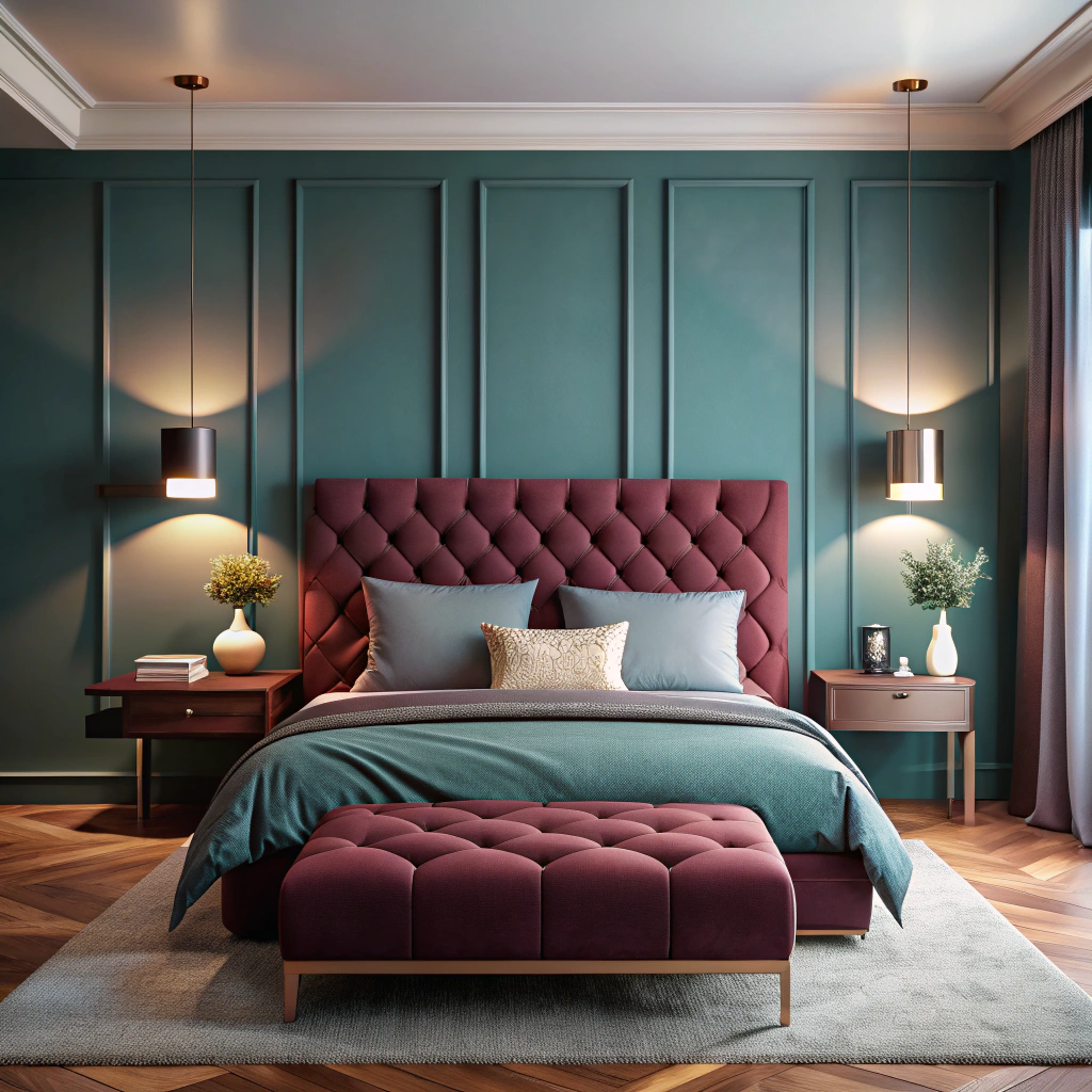 Cozy Modern Bedroom with Teal and Burgundy Accents