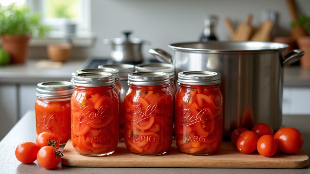 Glass jars filled with home-canned tomatoes, arranged on a kitchen countertop next to fresh ripe tomatoes and basil. A water bath canner sits in the background.