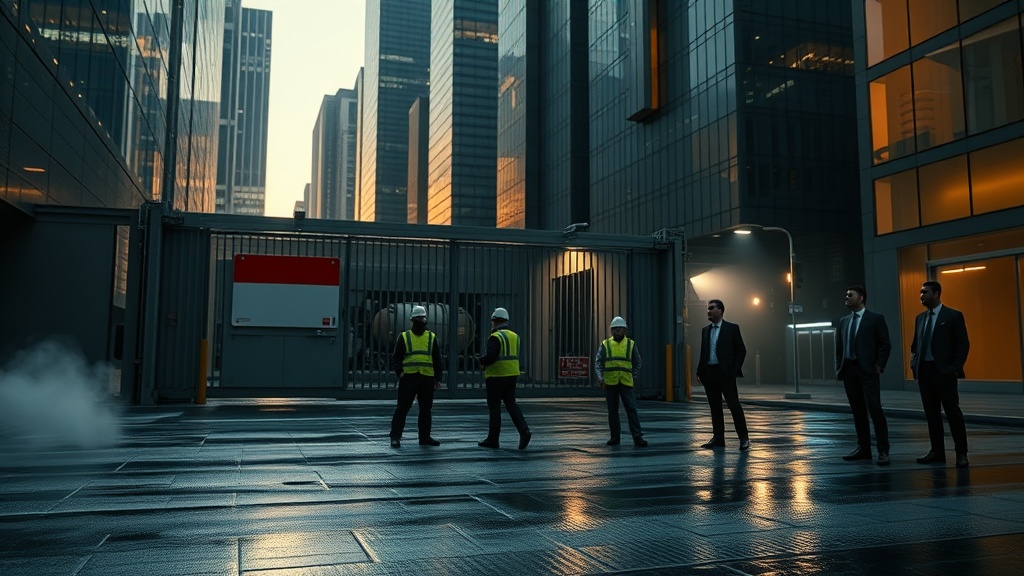 현대적 도시 배경의 밀봉된 산업 출입구와 검사관들이 서 있는 장면