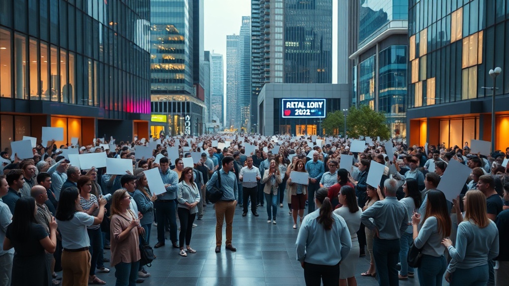 Contemporary civic rally in an urban plaza showing two clusters of people