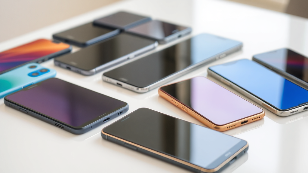تصویری واقع‌گرایانه و باکیفیت از گوشی‌های هوشمند مدرن مختلف که روی یک میز نمایش داده شده‌اند، نشان‌دهنده تنوع اخبار و بررسی گوشی‌های هوشمند با تمرکز بر طراحی شیک آن‌ها.