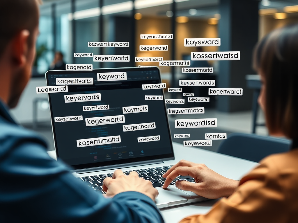 A person researching keywords on a laptop, with various long-tail keywords like 'بهترین روش سئو بلاگ', 'چگونه سئو محتوا را بهبود دهیم', and 'راهنمای جامع بلاگ سئو' floating around the screen in a modern, professional office setting.