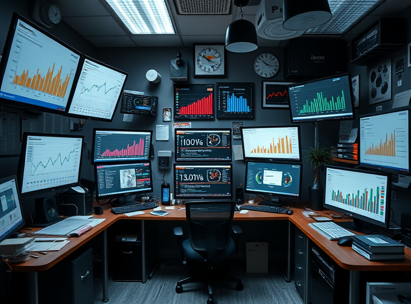 An office cluttered with screens showing intricate data, capturing the frenzied essence of a metrics-obsessed role through a blend of chaos and dry humor.