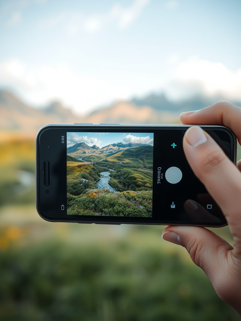 A close-up of a smartphone camera lens, capturing a vibrant landscape scene. This image emphasizes the importance of camera quality in mobile phone reviews, showcasing advanced photography capabilities.