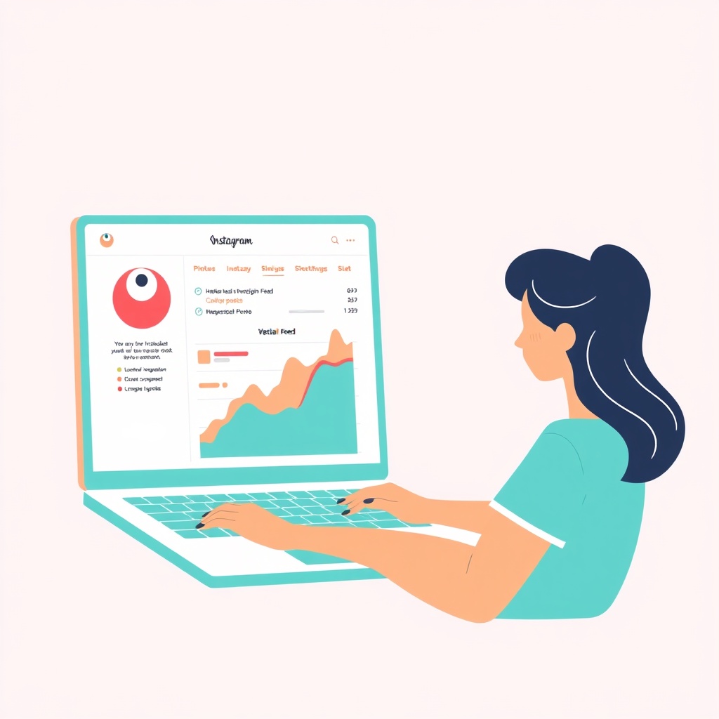 vibrant and modern flat design social media influencer analyzing their Instagram feed performance...